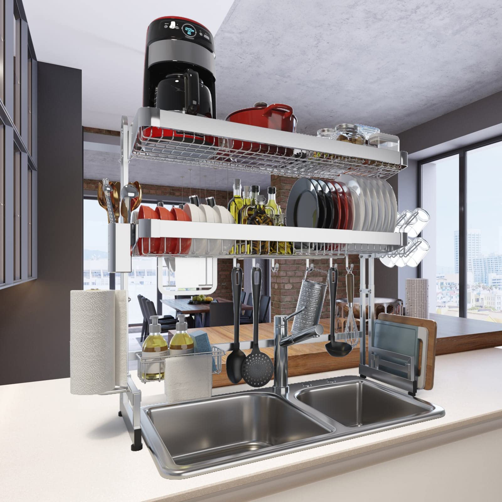 Smartical Over The Sink Dish Drying Rack - Adjustable 2-Tier Kitchen Organizer for Utensils & Plates, Rust-Proof & Scratch-Resistant Expandable Counter Storage Shelf - Silver | Perfect for Small Kitchens, Apartments & RVs