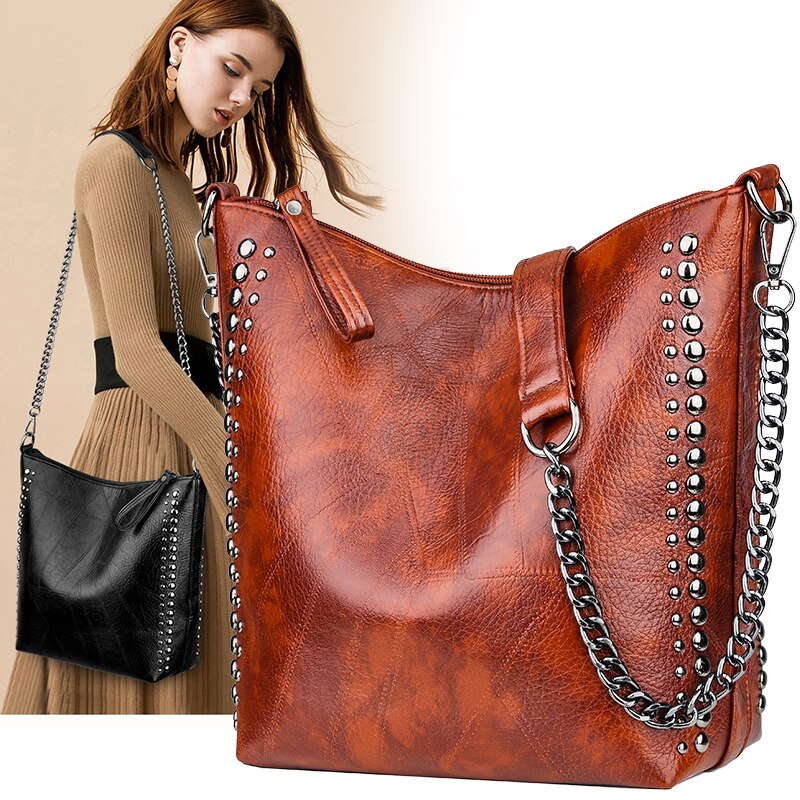 Vintage Women's Rivet Chain Shoulder Bag - Stylish Retro Crossbody Purse for Casual Outings & Evening Events