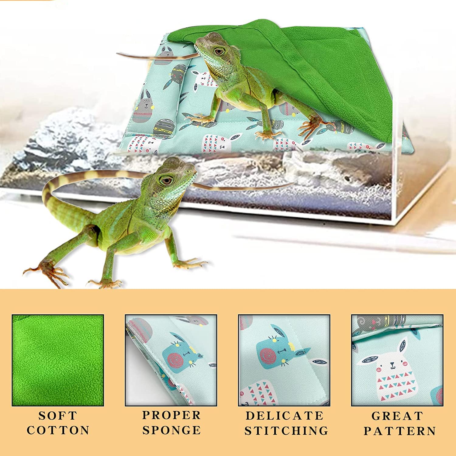 **Warm & Soft Small Animal Sleeping Bed for Bearded Dragons & Reptiles - Cozy Blanket & Pillow Set - Perfect for Lizards, Leopard Geckos (Green) - Ideal for Terrariums & Pet Habitats**