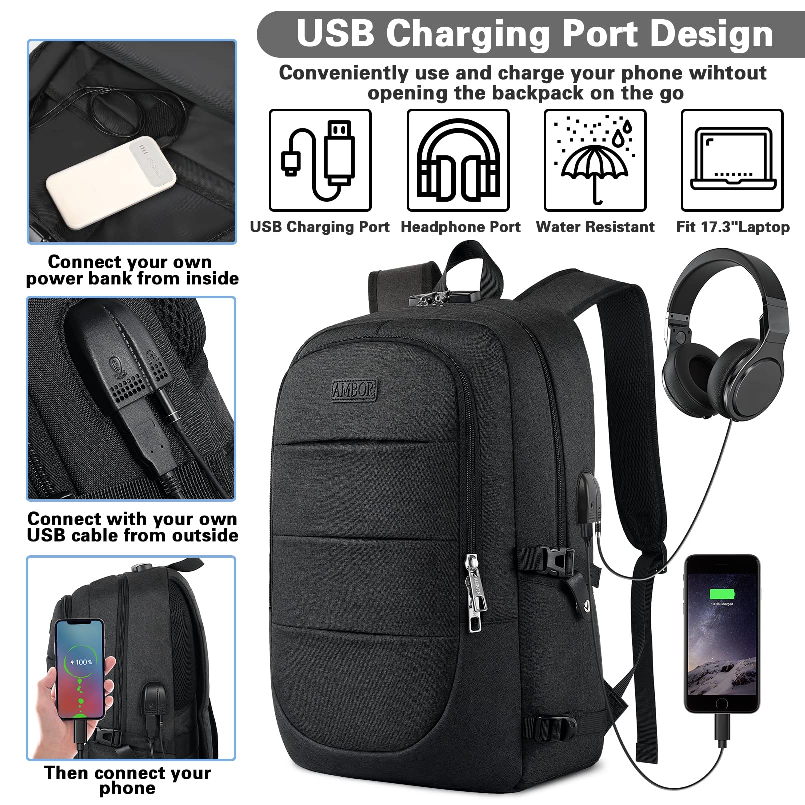 AMBOR Anti-Theft Travel Laptop Backpack for Men & Women - 15.6-17.3 Inch USB Charging Business Backpack - Water Resistant College School Computer Bag - Perfect for Work Commute, Business Trips & Campus Life - Black