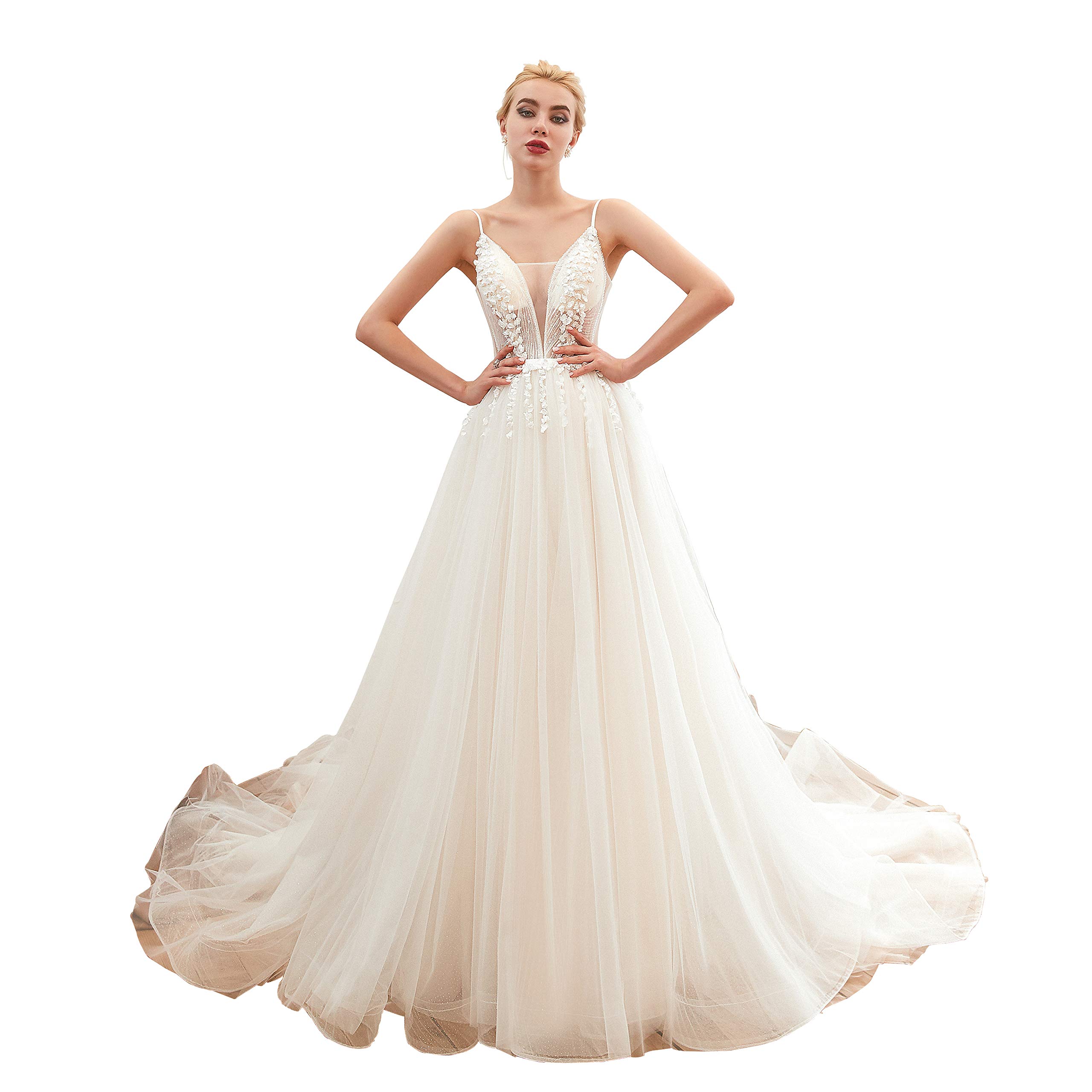 Elegant Women's Beach Style Spaghetti Strap A-Line Lace Applique Beaded Prom Wedding Dress for Summer Beach Weddings & Formal Events