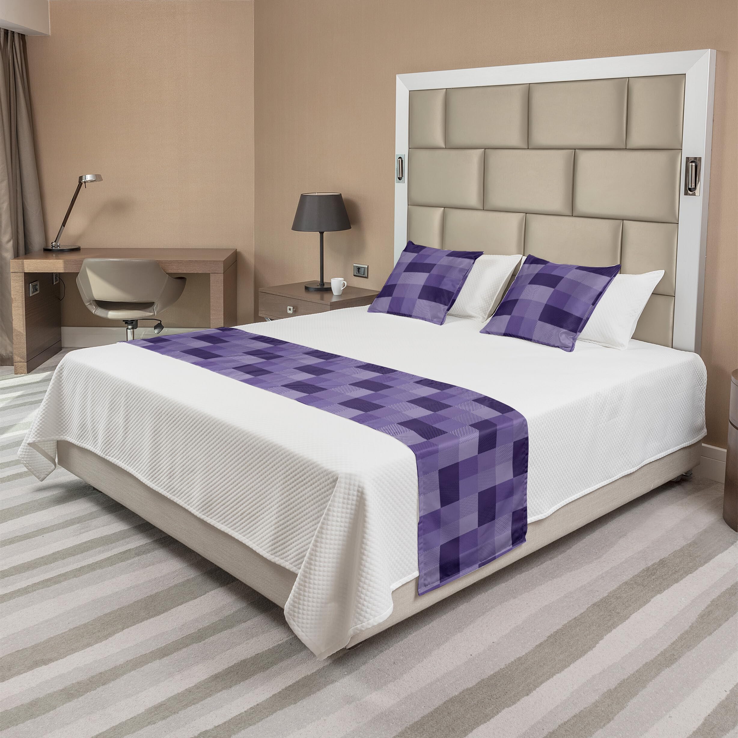 Ambesonne Abstract Plaid Stripe Bed Runner Set with 2 Pillow Shams - Monochrome Purple Quartz Decorative Bed Scarf for Queen Size Beds | Perfect for Hotel Luxury & Home Bedroom Decor