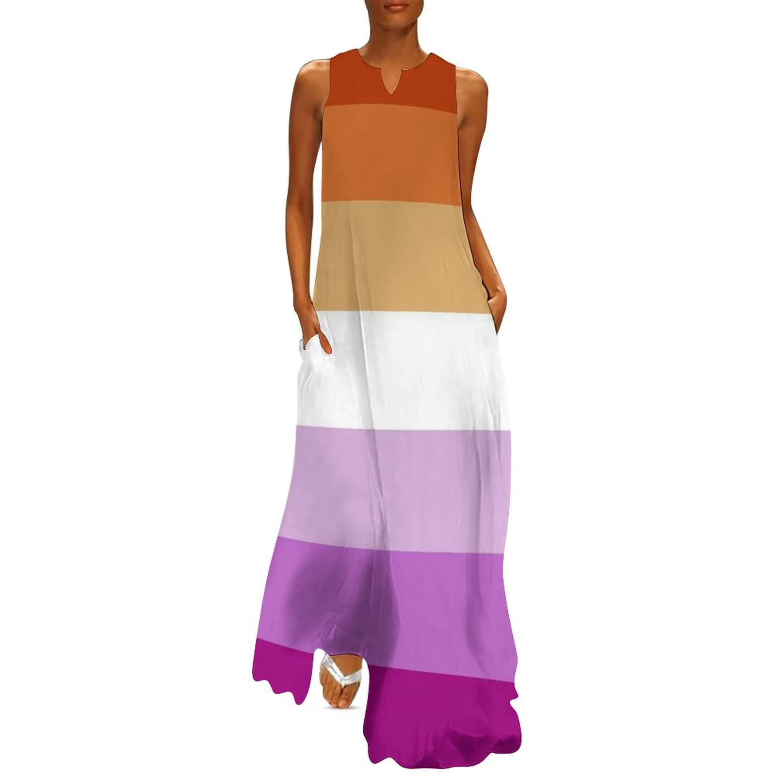 **Women's Summer Casual Sleeveless Long Maxi Dress - Sunset Lesbian Pride Flag Design - Perfect for Beach, Pride Events & Outdoor Festivals**