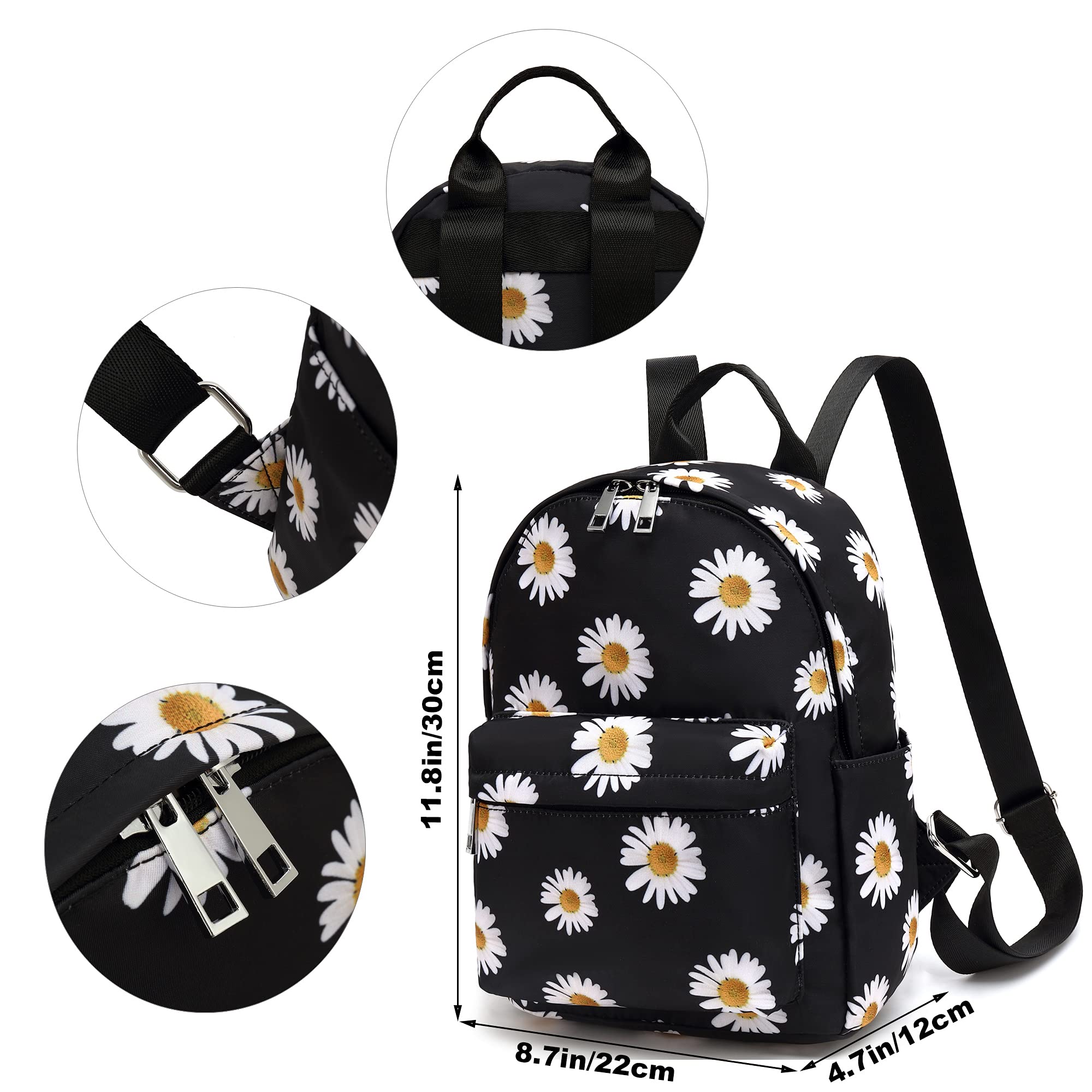Floral Mini Backpack for Women & Teens - School & Travel Purse (Daisy Black)