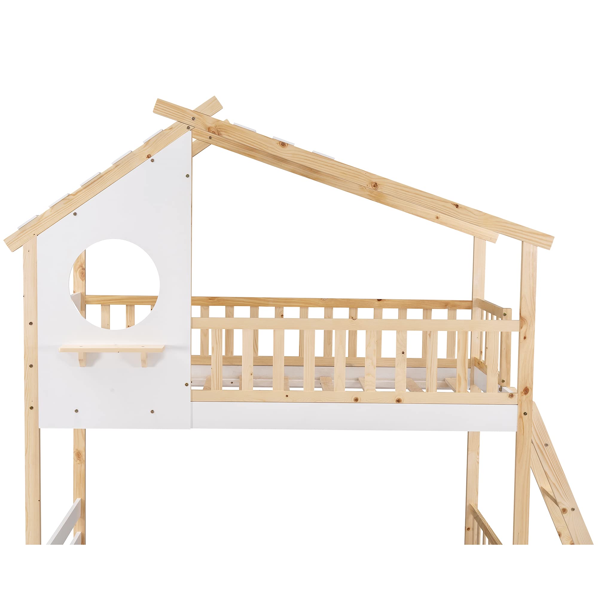 Twin Over Twin Wooden Bunk Bed Frame with Pitched Roof, Window & Ladder - Playhouse Style for Kids, Teens, Boys & Girls (Natural Finish) | Perfect for Bedrooms, Playrooms & Small Spaces