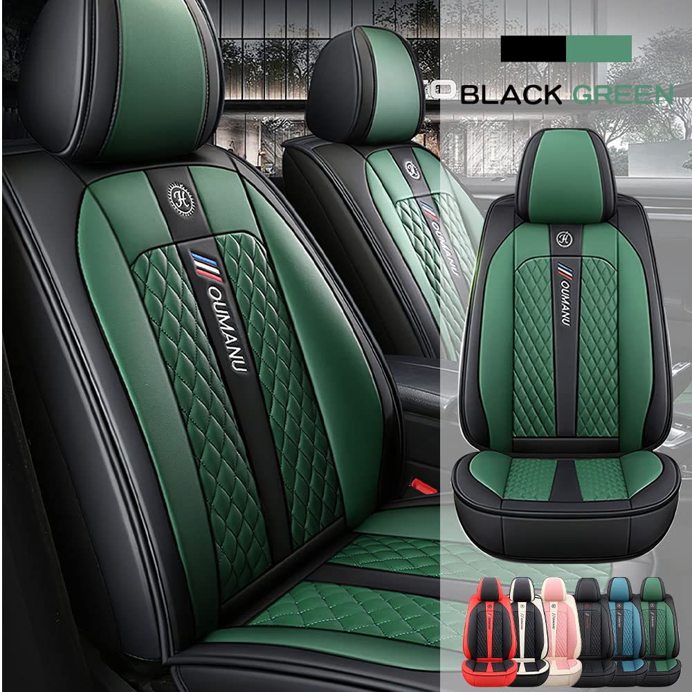 Universal Waterproof Faux Leather Car Seat Covers - Compatible with Honda Fit 2007-2020 Models (2-Piece Front Row Set, Black & Green) | Durable Protection for Daily Commute & Road Trips
