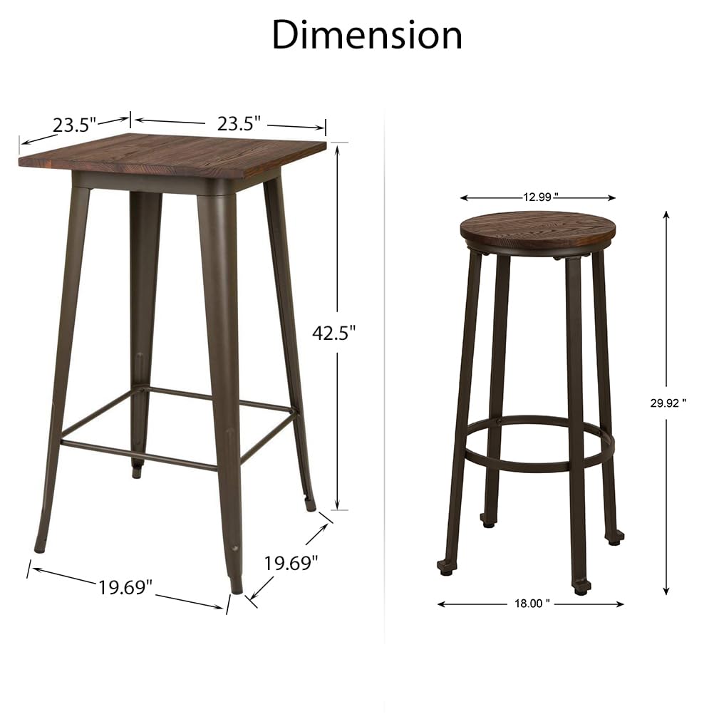 Glitzhome 3-Piece Pub Dining Set - Rustic Steel Square Bar Table with Solid Elm Wood Top & Matching Bar Stools for Breakfast Nook, Living Room, Small Space or Restaurant | Perfect for Kitchen Islands, Outdoor Patios & Bistro-Style Dining