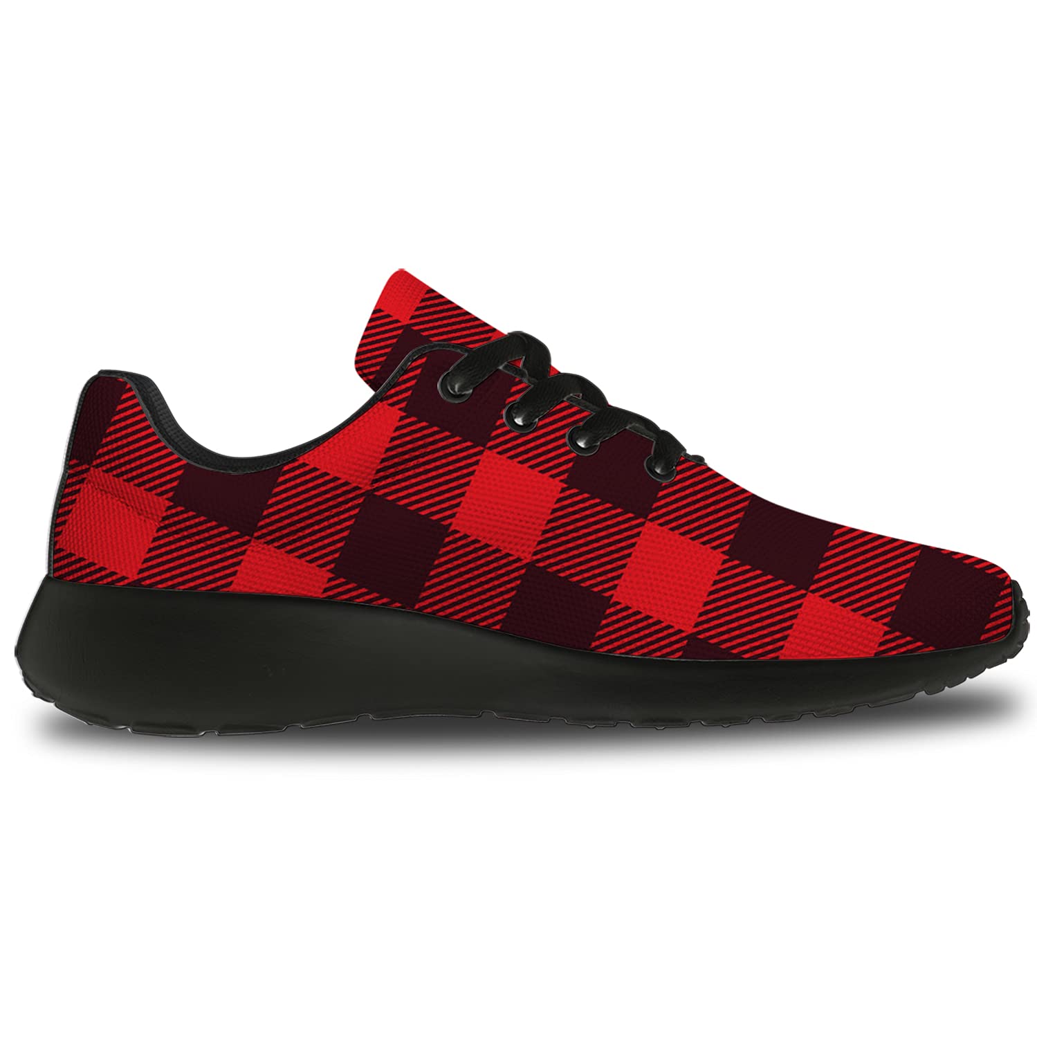 **Men's & Women's Buffalo Plaid Running Shoes - Breathable Walking Tennis Sneakers in Black & Red Tartan Check - Size 10.5 Men/12 Women - Perfect for Jogging, Gym Workouts & Casual Wear**
