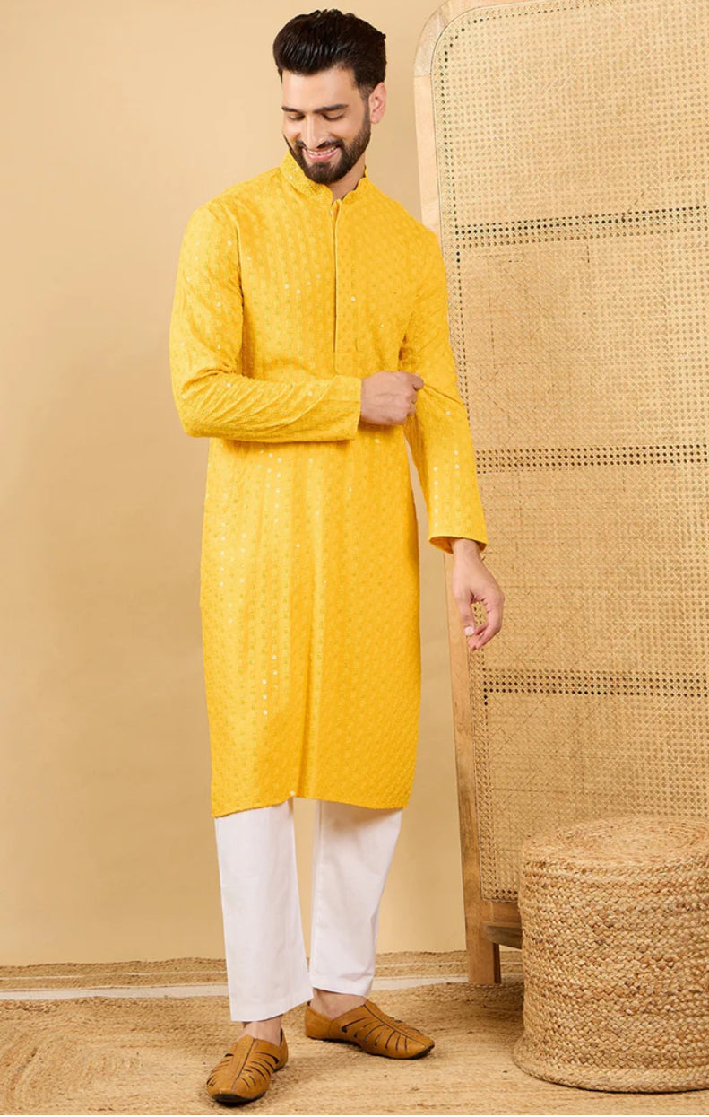 Men's Yellow Embroidered Chikankari Kurta - Traditional Indian Cotton Tunic for Casual Wear & Festive Occasions