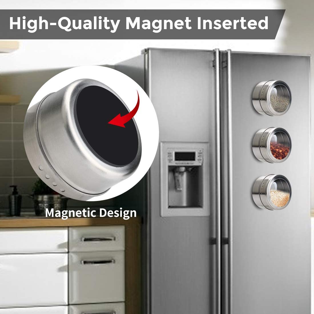 12-Piece Magnetic Spice Jars Set - Stainless Steel Wall Mounted Spice Containers with Strong Hold | Perfect for Kitchen Organization & Spice Storage