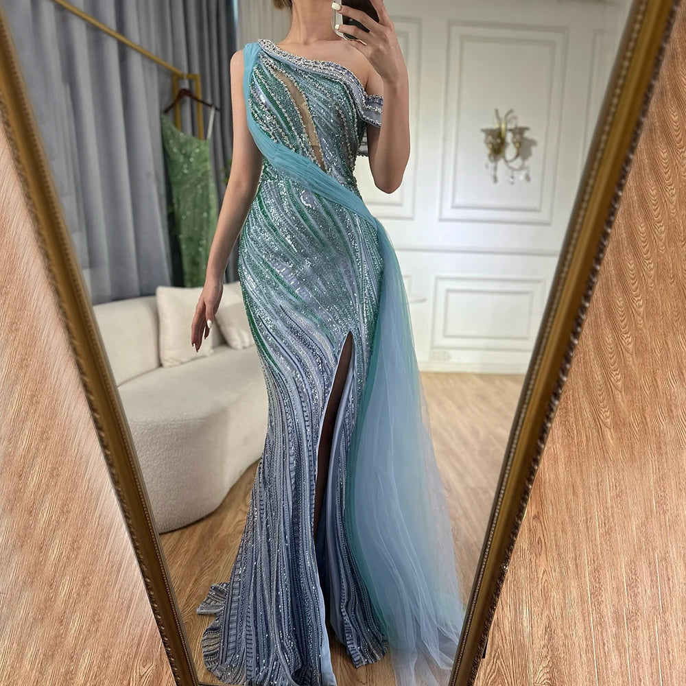 Luxury Dubai Arabic One Shoulder High Slit Blue Mermaid Gown - Beaded Saudi Evening Dress for Formal Occasions - Perfect for Weddings, Galas & Red Carpet Events LA72718
