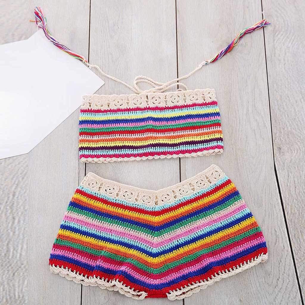 Women's Rainbow Bohemian Handmade Crochet Knitted Bikini Set - Summer Swimwear with Matching Bra - Perfect for Beach Vacations, Pool Parties & Tropical Getaways