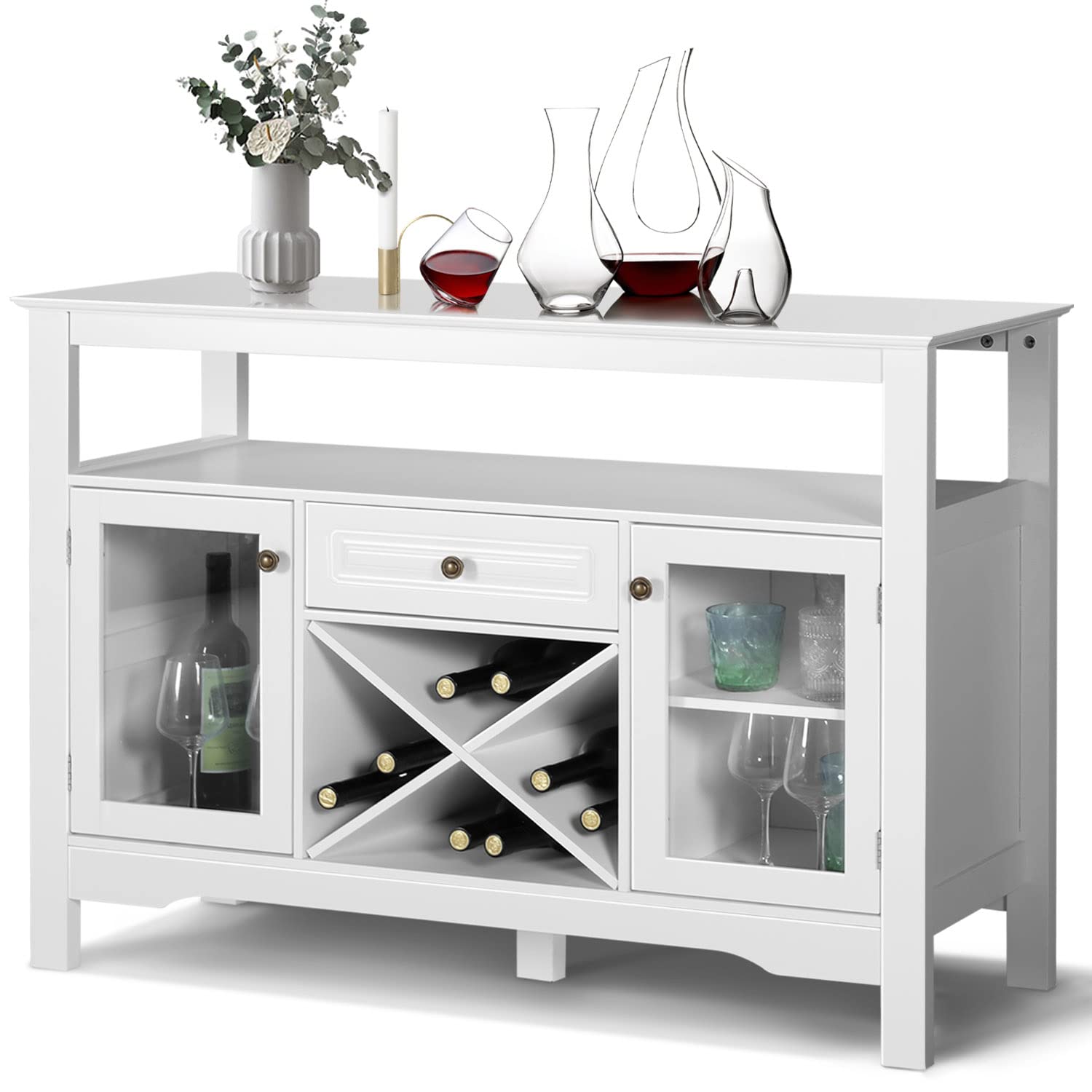 Yokstore White Wine Bar Cabinet with Glass Doors - 2 Storage Cabinets & 1 Drawer, Buffet Sideboard for Dining Room - Perfect for Wine Storage, Entertaining Guests & Home Decor
