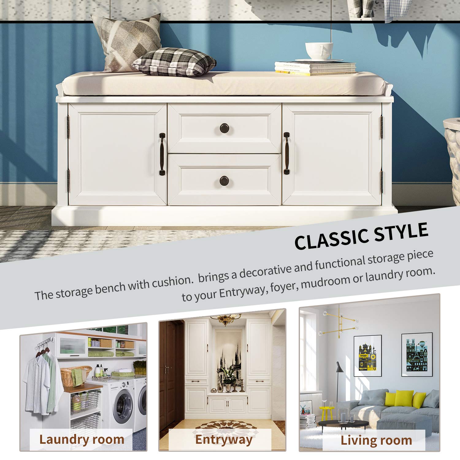 LZ LEISURE ZONE Storage Bench with 2 Drawers & 2 Cabinets - White Entryway Bench with Shoe Storage for Living Room, Hallway, Bedroom - Perfect for Organizing Shoes, Hats & Home Decor