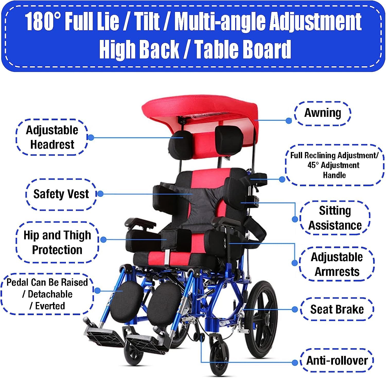 Lightweight Aluminum Alloy Fully Reclining Wheelchair for Adults & Children - High Back Support with Seat Belt & Removable Tray - Ideal for Stroke Recovery, Hemiplegia, Cerebral Palsy & Daily Mobility Assistance