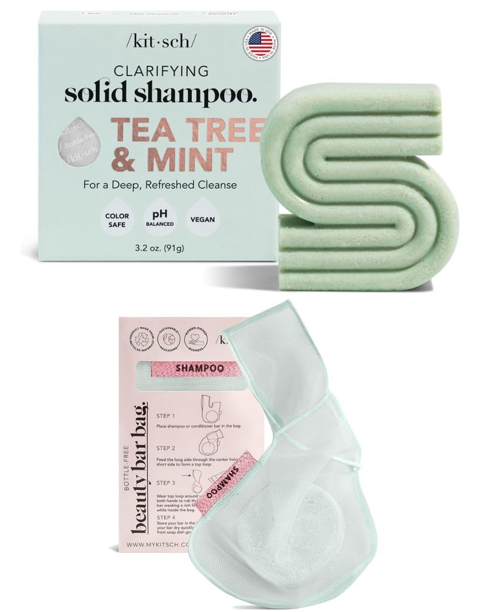 Kitsch Tea Tree & Mint Shampoo Bar - Natural Vegan Hair Care for Oily Scalp & Dandruff - Plastic-Free Solid Shampoo with Travel Pouch - Perfect for Camping, Gym & Eco-Friendly Lifestyle