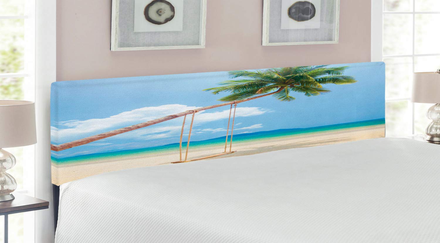 Ambesonne King Size Upholstered Metal Headboard - Tropical Island Beach Design with Coconuts, Palm Trees & Swing, Cream Blue Green Memory Foam Decorative Bed Headboard | Perfect for Coastal, Boho & Tropical Bedroom Decor