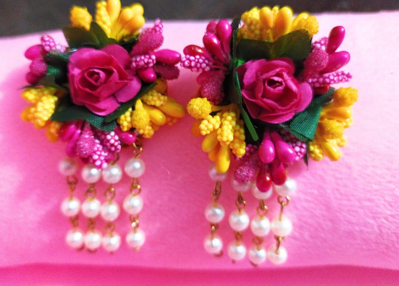 C&G INDIA Balika Vadhu Designer Jewelry Set for Women & Girls - Yellow & Pink Pearl Bridal Jewelry (6 Pcs) - Perfect for Mehendi, Haldi, Baby Shower & Wedding Ceremonies