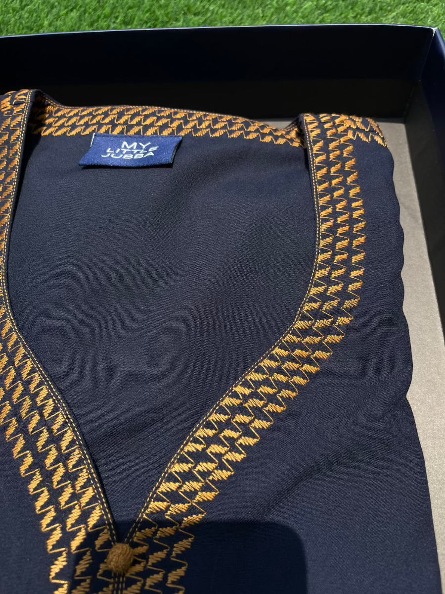 Men's Navy Blue with Orange Embroidery Islamic Thobe 3/4 Sleeve - Traditional Moroccan Kaftan for Eid, Prayer & Special Occasions