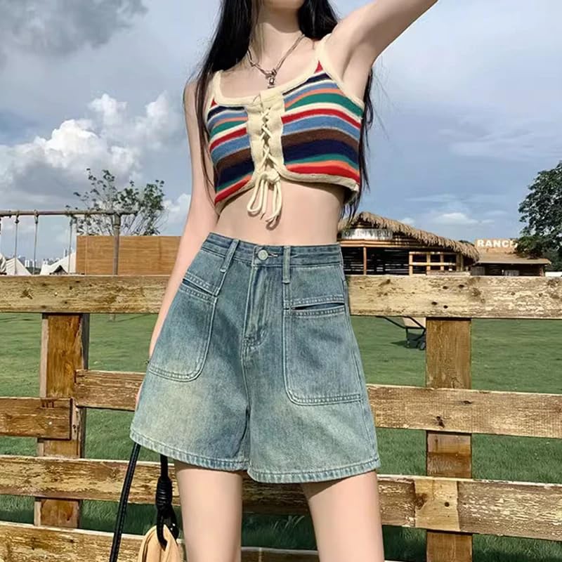 Women's High Waist Denim Shorts - Retro Loose Fit Straight Leg Wide Leg Blue Jeans with Minimalist Pockets | Perfect for Summer Outfits, Casual Wear & Street Style Fashion