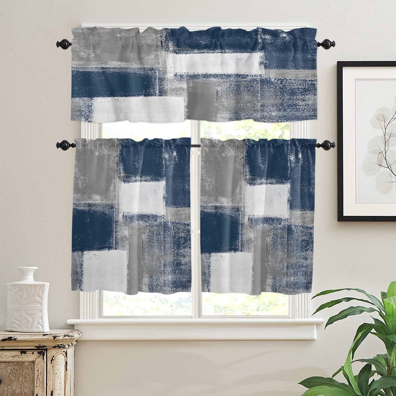 Abstract Art Kitchen Curtains Set with Rod Pocket Valances - Grey Blue Window Drapes & Blackout Tier Curtains for Living Room, Bathroom, Bedroom | Modern Home Decor for Kitchen Windows, Cozy Privacy & Light Control