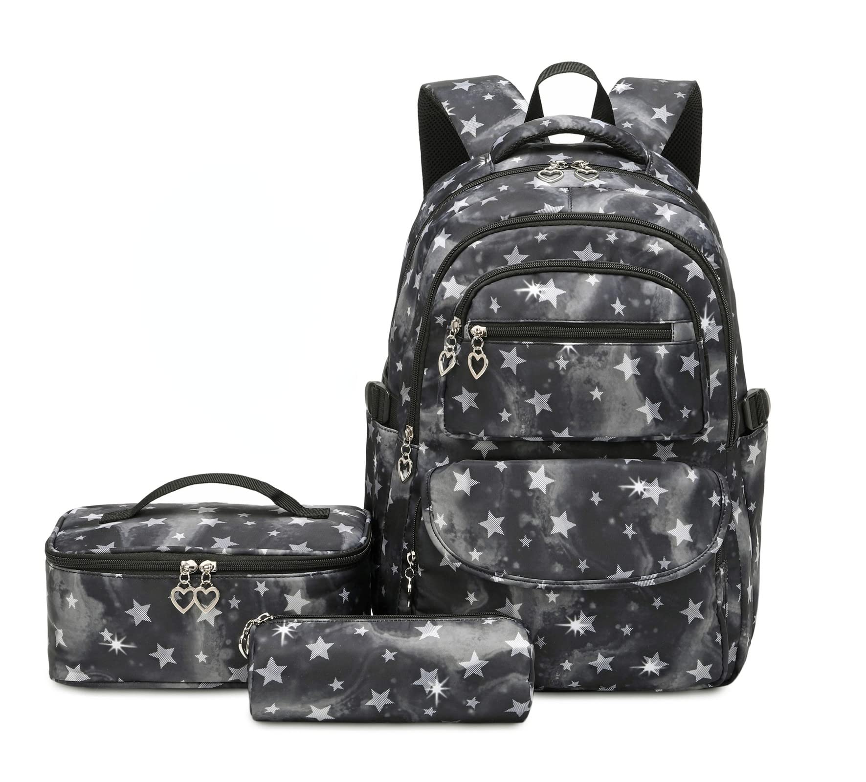 3 in 1 School Backpack Set for Teens - Star Print Canvas Backpack with Lunch Box & Pencil Case (Black) | Durable Bookbag for Middle School, High School Students | Perfect for Daily Use, Travel & Campus Life
