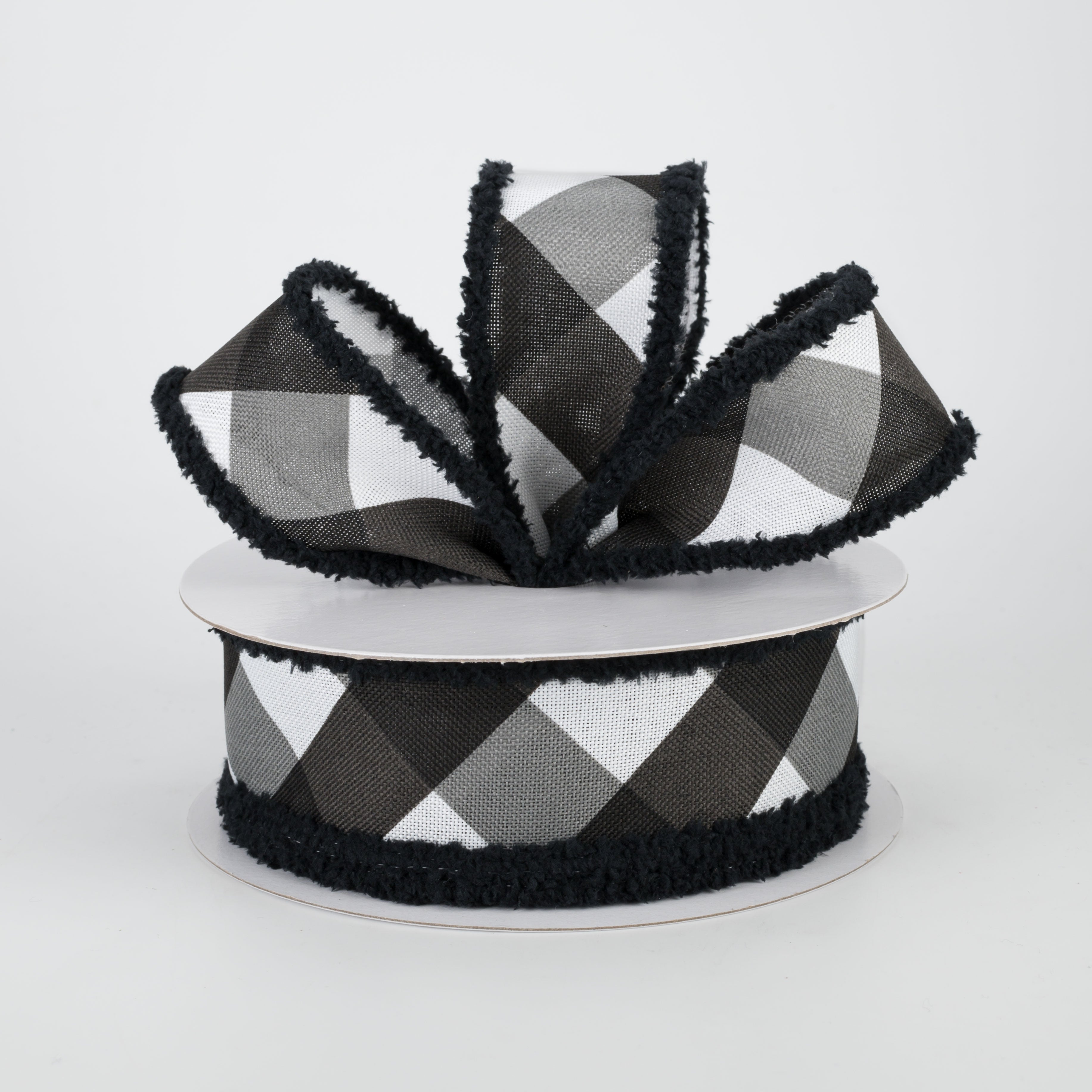 1.5 Inch Chenille Edge Bold Check Ribbon - White & Black Gingham Ribbon (10 Yards) for Gift Wrapping, DIY Crafts, Hair Bows and Party Decorations
