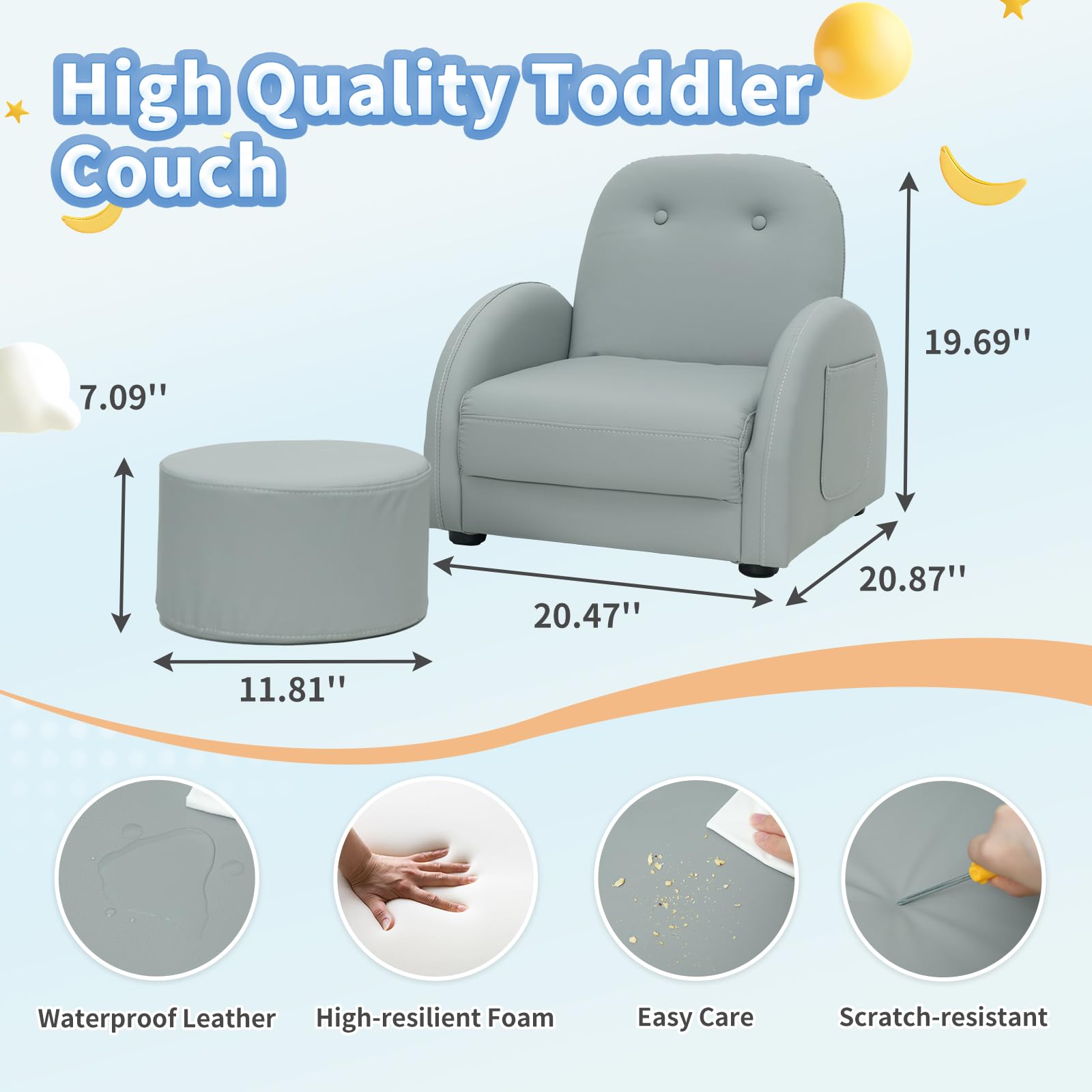 MOOITZ Adjustable Kids Recliner Chair with Ottoman - 5-Position Leatherette Toddler Recliner, Waterproof & Stain-Resistant, Gray - Perfect for Nursery, Playroom or Kids Bedroom Relaxation