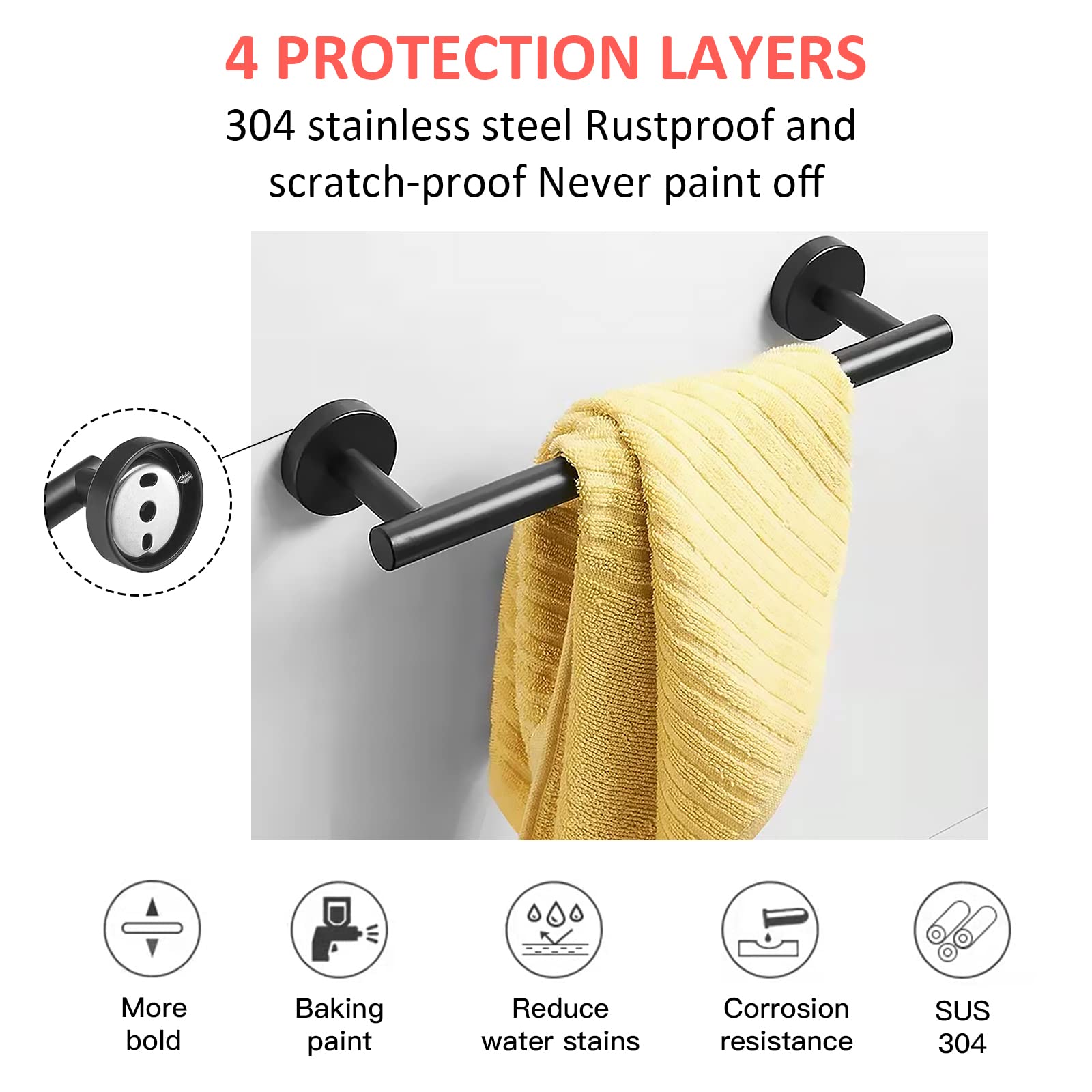 6-Piece Matte Black Bathroom Hardware Set - SUS304 Stainless Steel Wall Mounted Towel Ring, Toilet Paper Holder & Bar with 3 Adhesive Hooks - Heavy Duty Rustproof Bathroom Accessories for Modern Home Decor