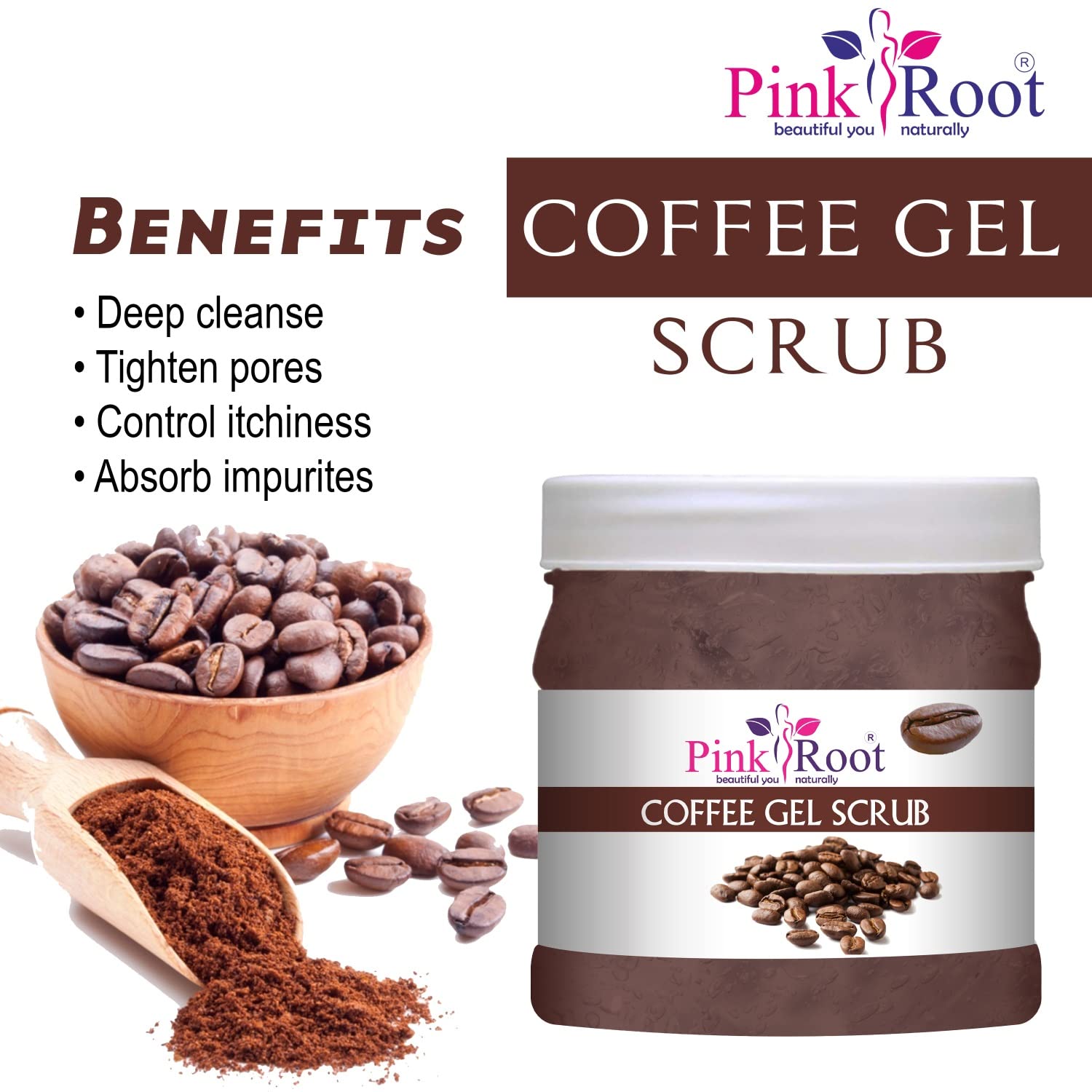 Pink Root Coffee Gel Scrub 500g - Exfoliating & Moisturizing Body Scrub for Soft Skin | Natural Coffee Scrub for Cellulite & Stretch Marks | Perfect for Spa Day & Home Self Care Routine
