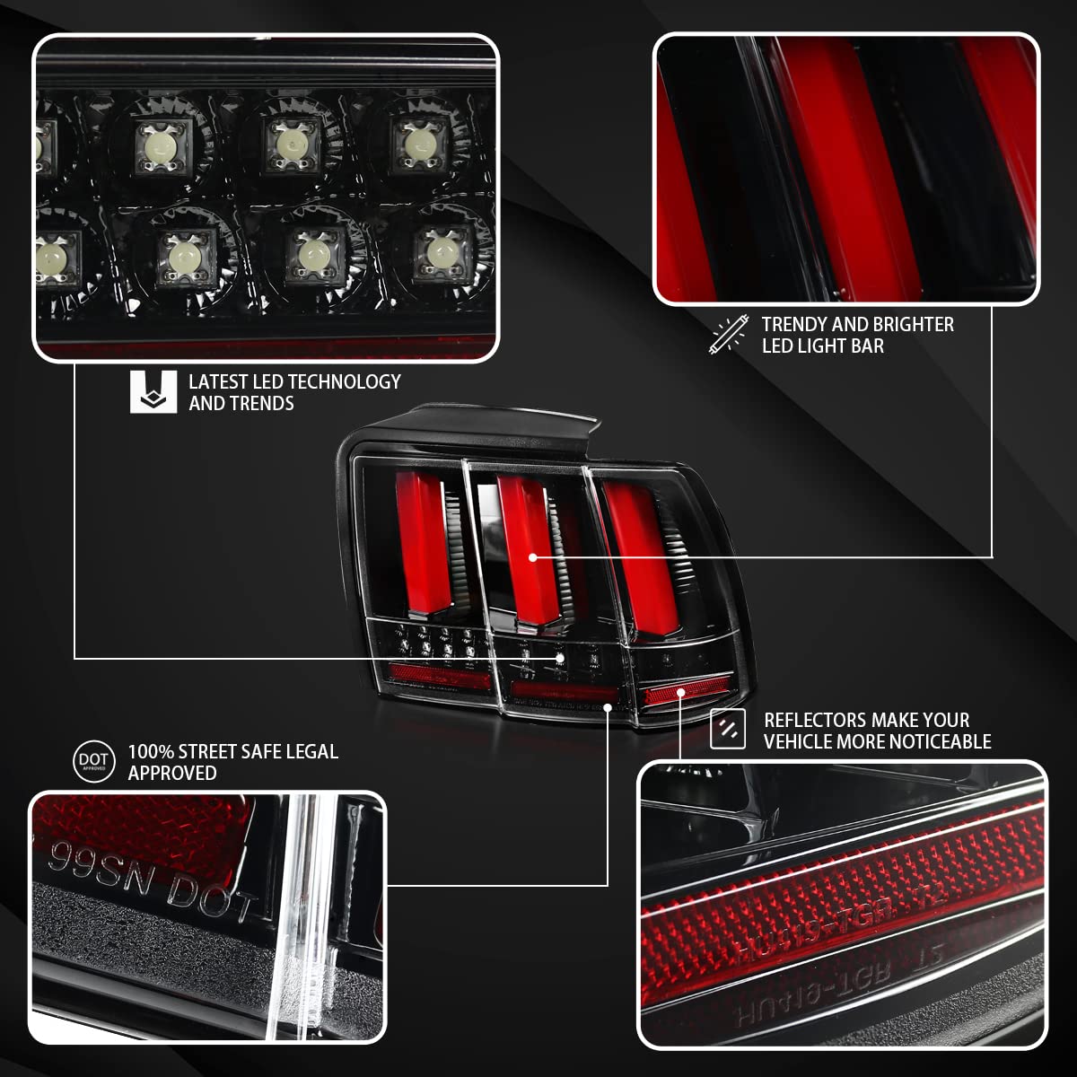 AUTOZENSATION LED Tail Lights for 1999-2004 Ford Mustang - Left & Right Pair, Jet Black Housing with Red LED Bar | Perfect for Night Driving & Car Customization