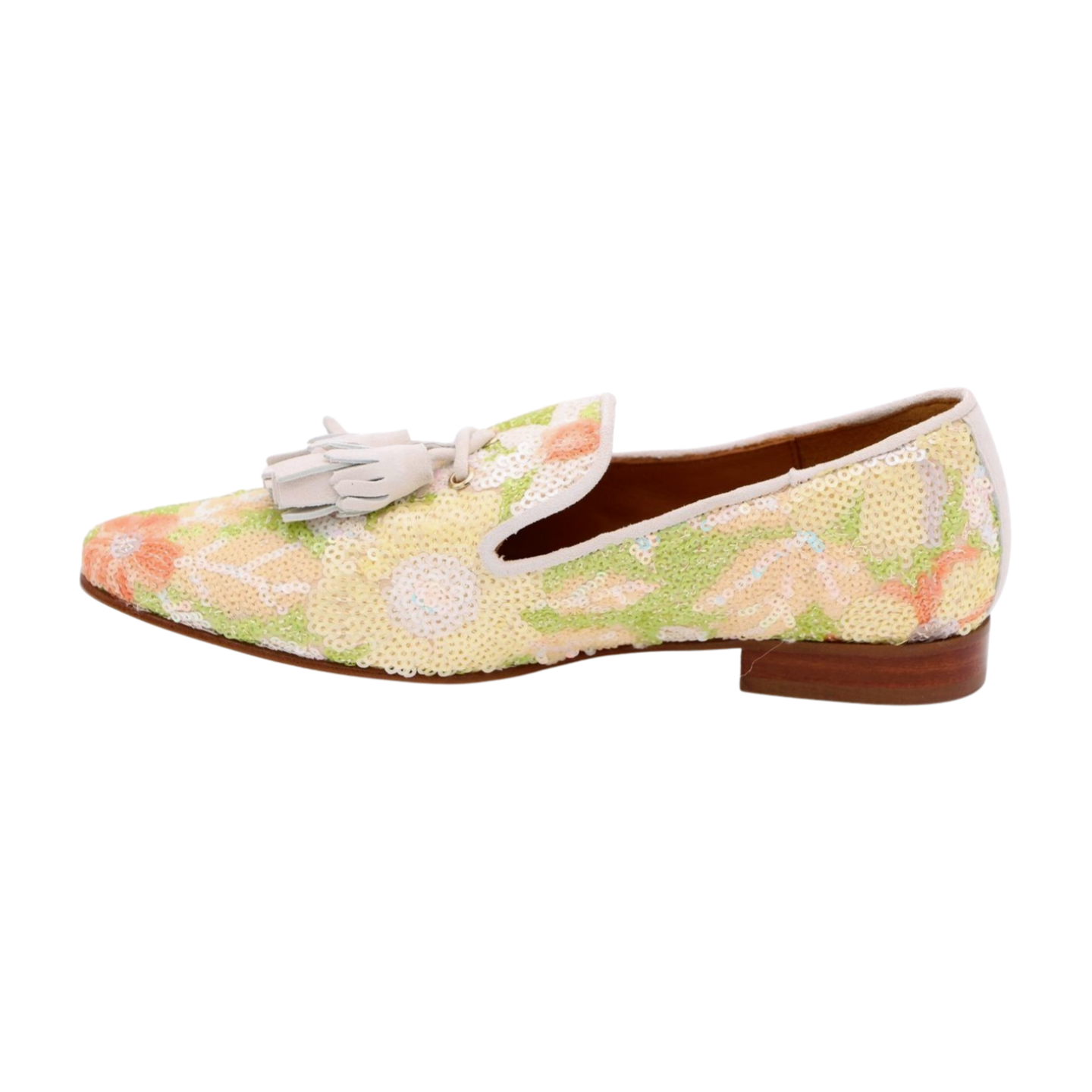 PEDRO MIRALLES Women's Green & Peach Sequins Loafers with Tassels - Stylish Slip-On Shoes for Women | Perfect for Office, Parties & Casual Outings
