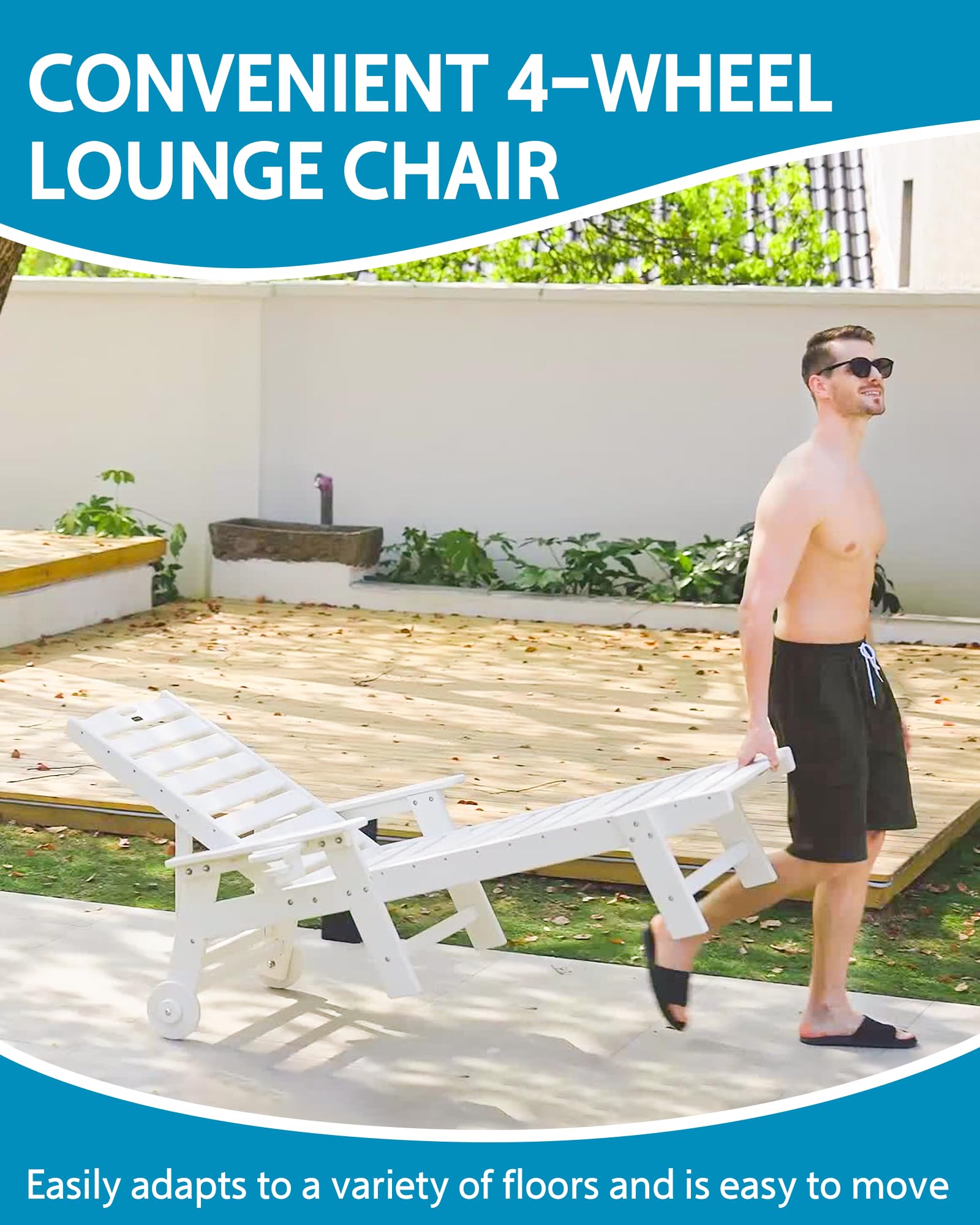 Outdoor Chaise Lounge Chair with Wheels - Oversized Patio Lounge Chairs Set of 2, Wood Texture Design, 5-Position Adjustable Plastic Sunbathing Chairs (White) - Perfect for Poolside, Backyard, and Beach Relaxation