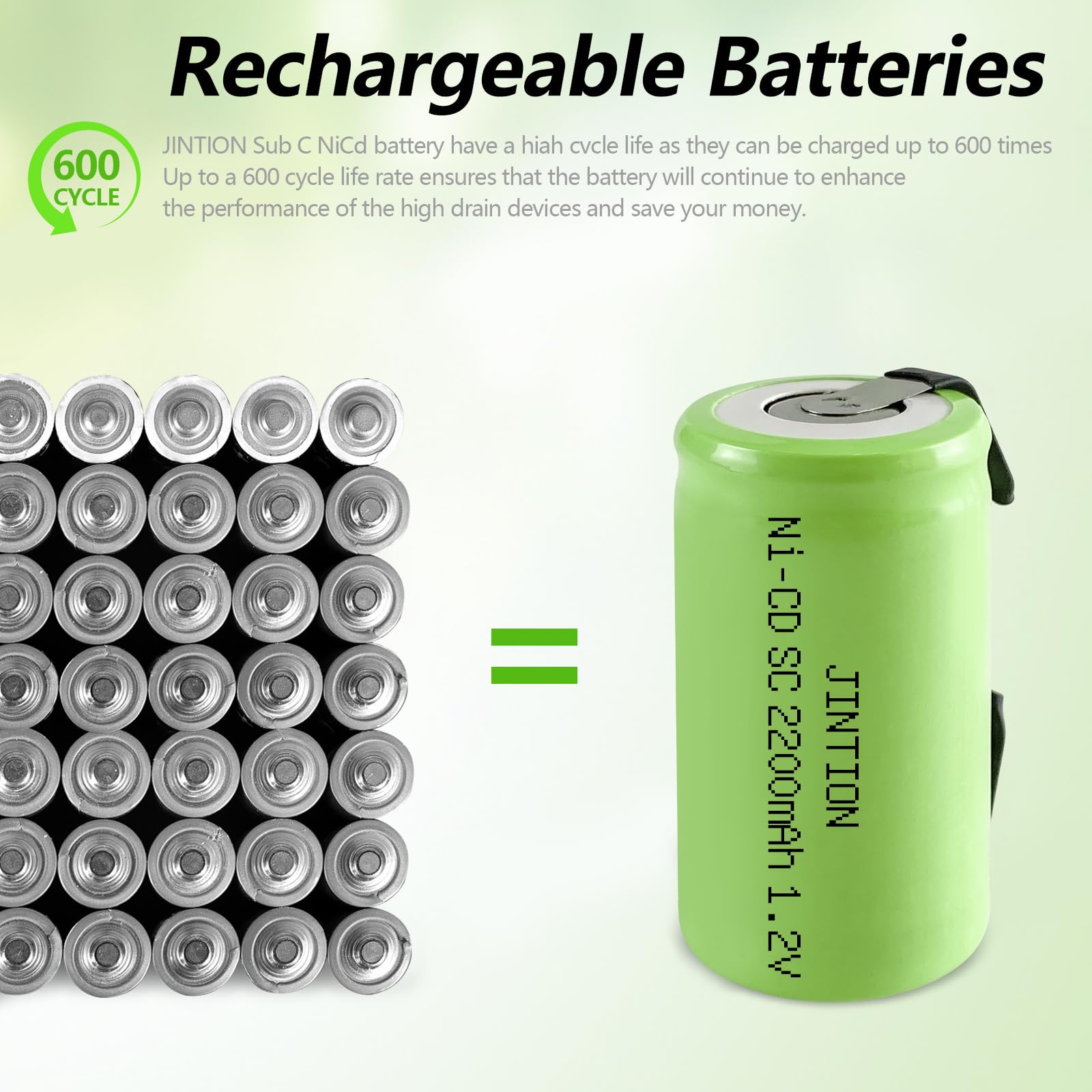 JINTION 2200mAh Sub C NiCd Rechargeable Batteries 1.2V Flat Top with Tabs - 2 Pack for Power Tools, RC Cars, Flashlights & Emergency Devices - High Capacity Battery Replacement for Cordless Tools
