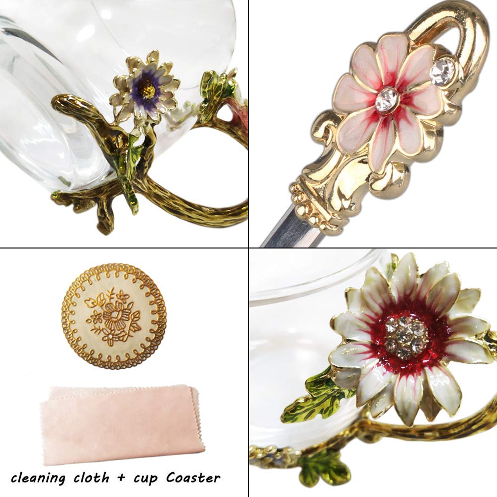 Enamel Sunflower Crystal Lead-Free Glass Tea Cup with Spoon Set - Perfect Gift for Christmas, Valentine's Day, Mother's Day - Ideal Present for Mom, Grandma, Girlfriend, Sister - Elegant Tea Time Accessories for Home, Office, or Afternoon Tea Parties