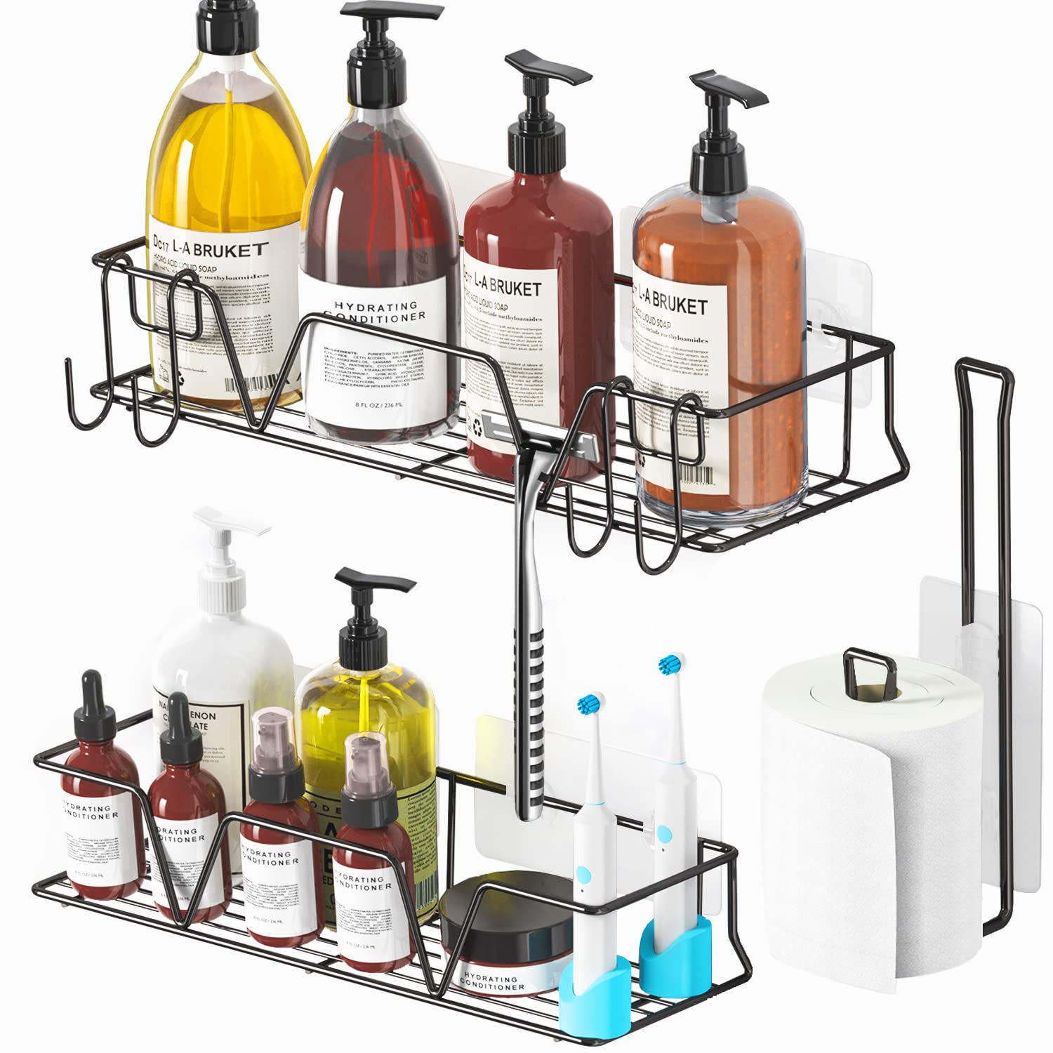 HEAPANY 3-Pack Shower Caddy Organizer with Paper Towel Holder - Rustproof Stainless Steel Bathroom Storage Shelf with Hooks - No Drill Adhesive Wall Mount for Kitchen, Bathroom & Shower Organization
