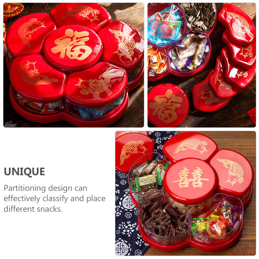 Hemoton 6-Compartment Rotating Candy Dish with Lid - Snack Storage Tray for Dried Fruits, Nuts, Chocolates - Perfect for Home, Chinese New Year, Wedding Party, Office Snacks (Red)