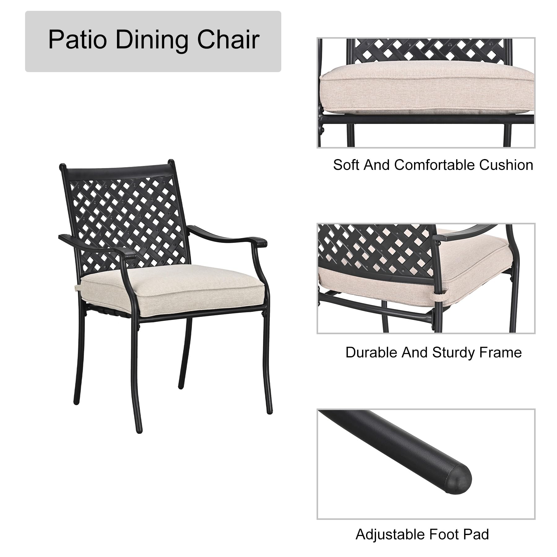 LOKATSE HOME 4-Piece Outdoor Patio Dining Set - Wrought Iron Metal Chairs with Arms & Beige Cushions - Perfect for Garden, Backyard, Poolside & Patio Furniture