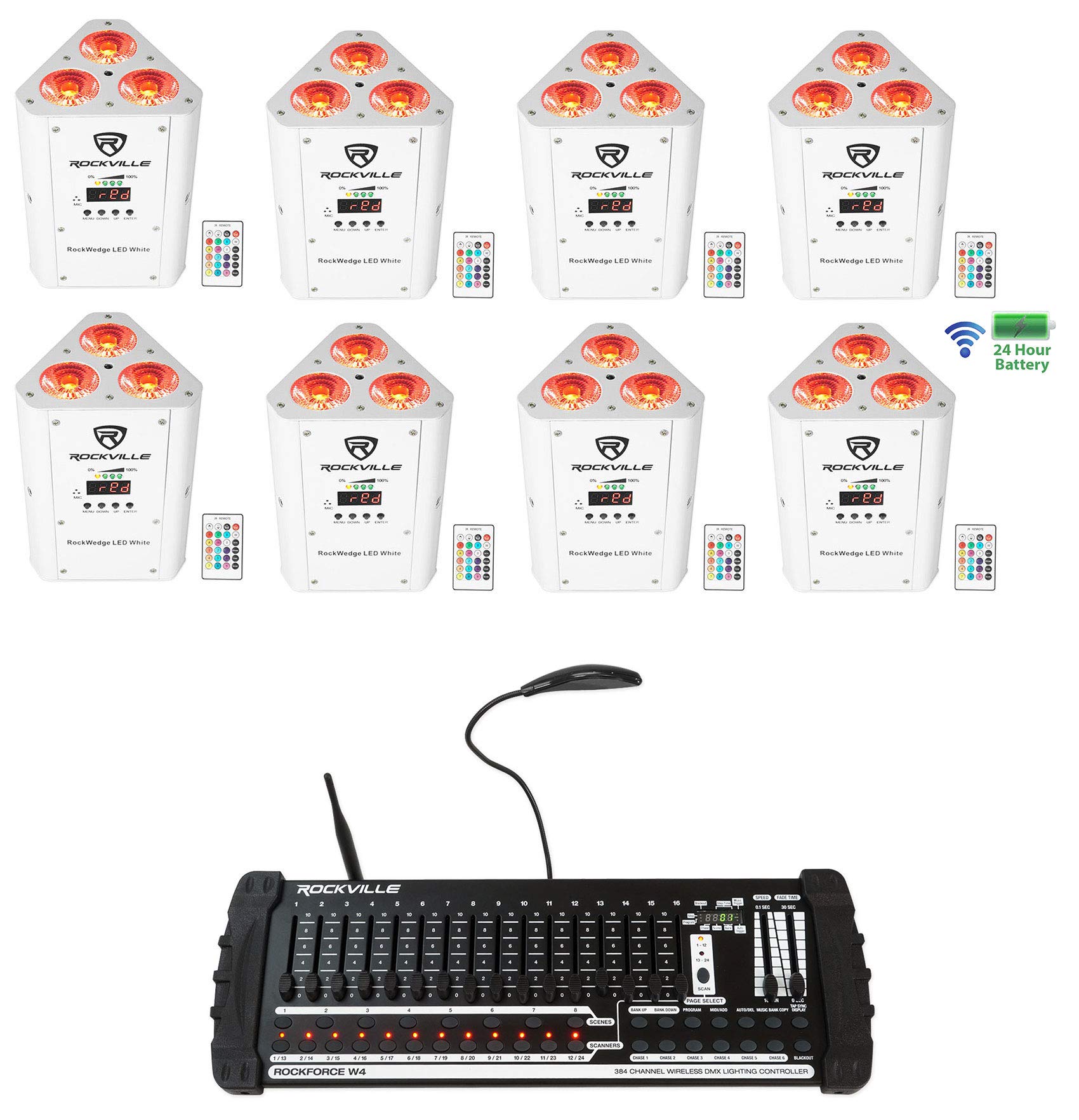 Rockville RockWedge White LED Battery Powered Stage Lights with 384 Channel Wireless DMX Controller - Perfect for DJ Shows, Concerts, and Live Performances