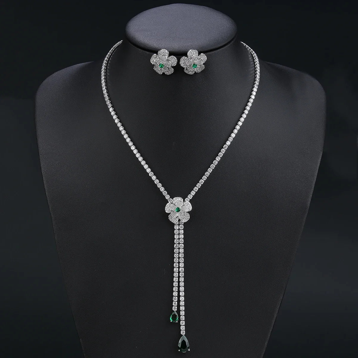 Elegant Floral Y Necklace & Earrings 2-Piece Set for Women - Wedding, Bridal, Party Jewelry Accessories - Perfect for Bridesmaids, Prom, and Formal Events