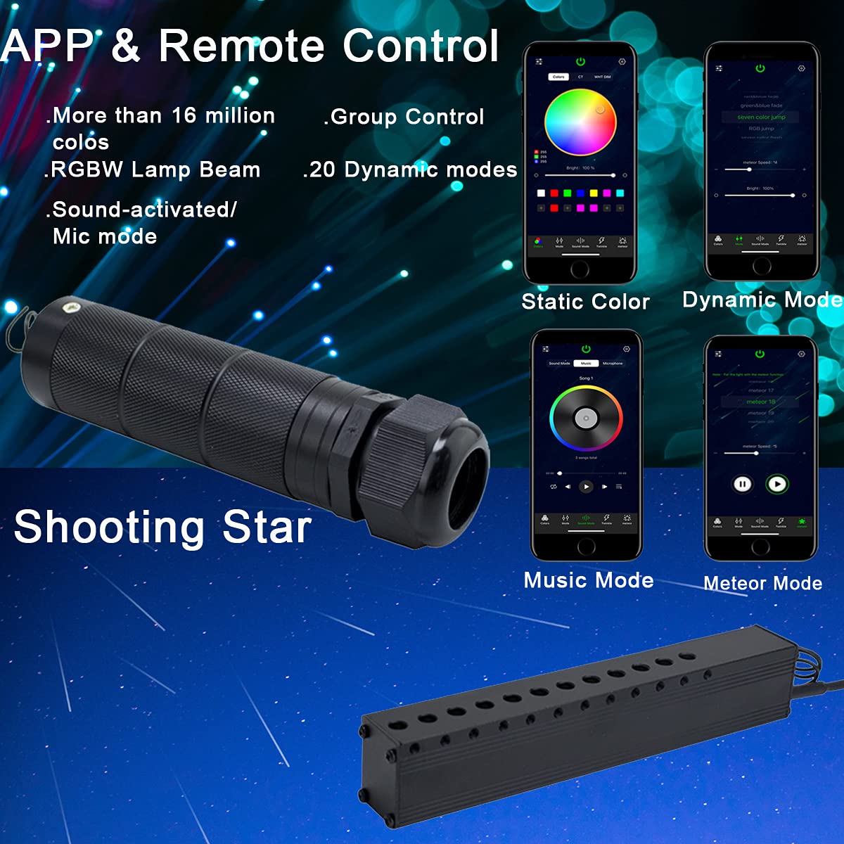 AZIMOM 6W RGBW Fiber Optic Meteor Ceiling Light Kit - 450pcs 0.03in Fiber Strands with Bluetooth/APP Control - Car Starlight Headliner & Home Decor for Bedroom, Theater, Party Lighting