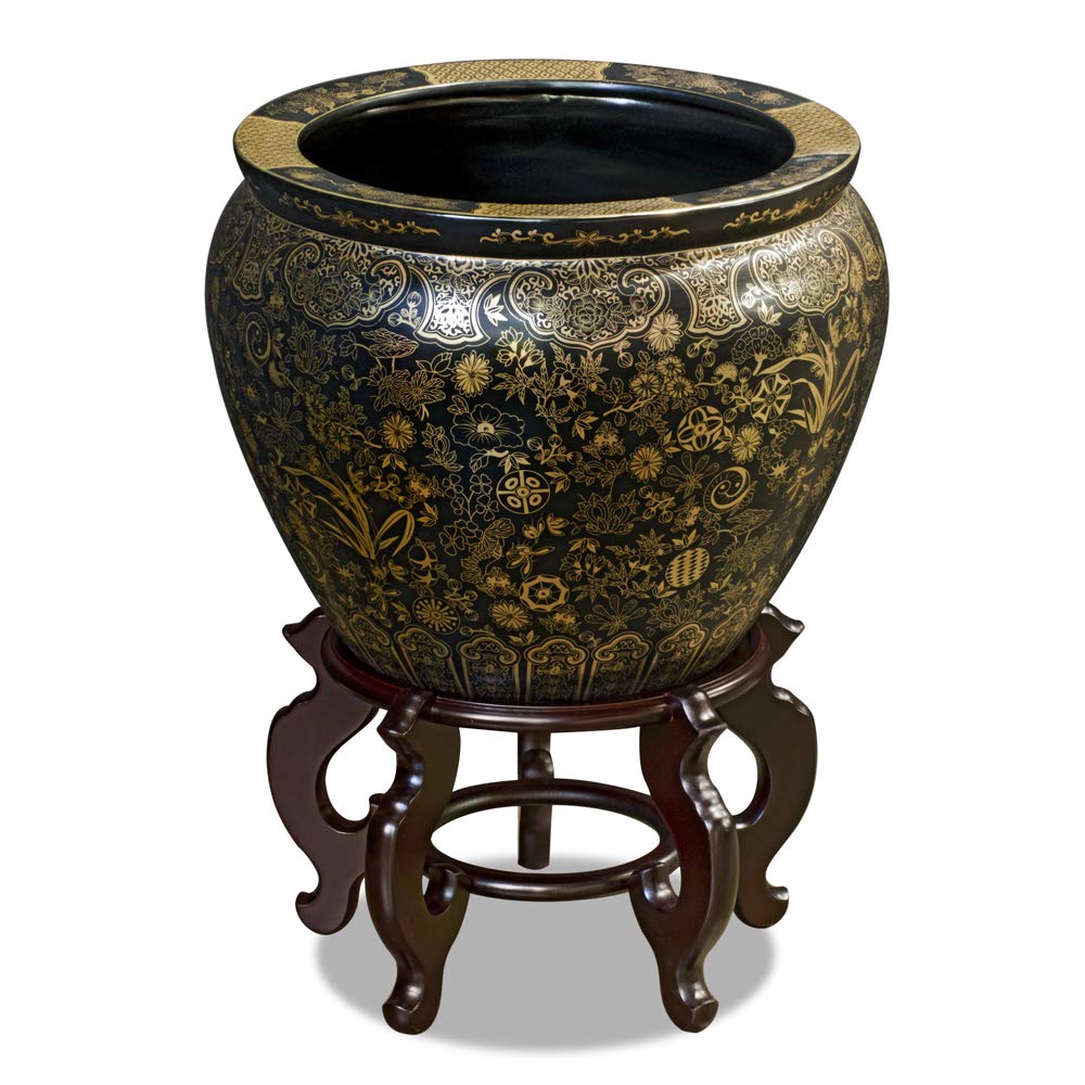 17 Inch Black and Gold Gilded Porcelain Chinese Fishbowl Planter with Leaves and Vines Motif - Perfect for Home Decor, Office Plants, and Aquatic Displays