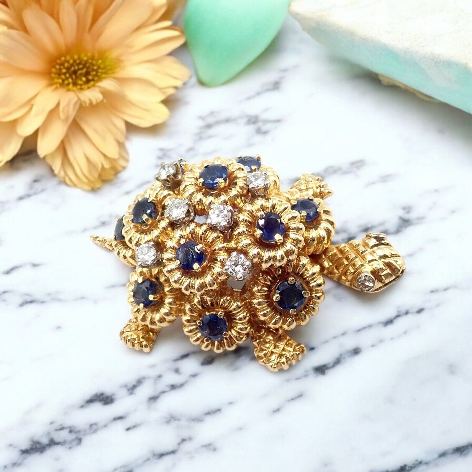 Authentic Tiffany & Co. 18k Yellow Gold Turtle Diamond Sapphire Brooch Pin - Vintage Luxury Jewelry Gift for Women, Perfect for Weddings & Special Occasions