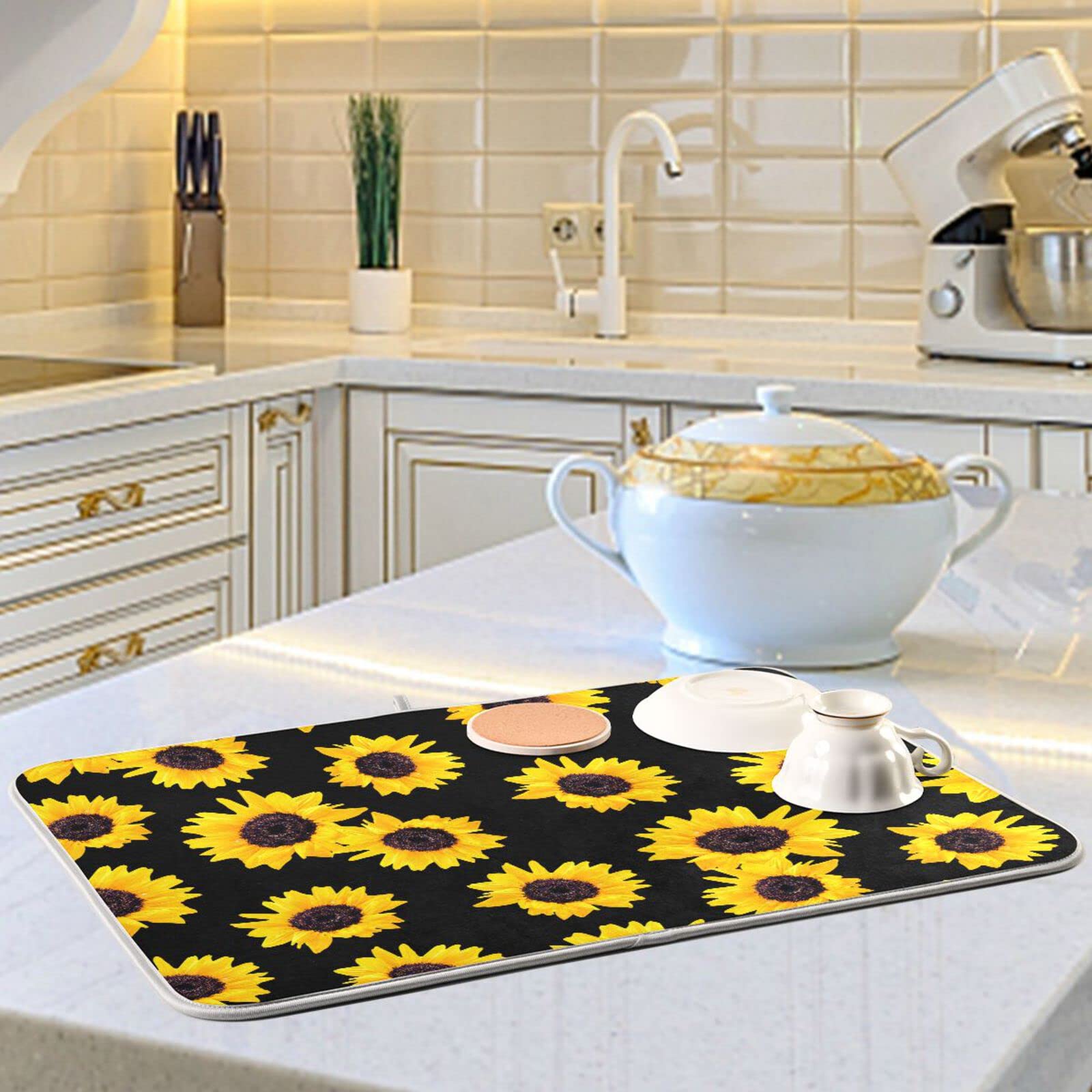 Sunflower Pattern Microfiber Dish Drying Mat - 16x18 Inch Absorbent Kitchen Countertop Drainer - Perfect for Drying Dishes, Utensils & Cookware After Washing
