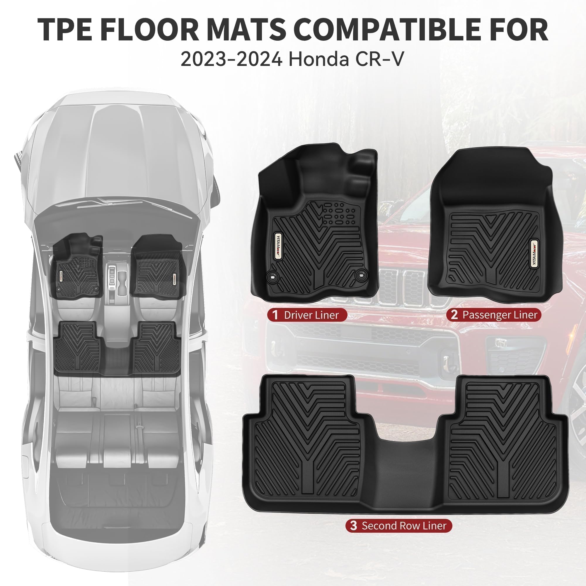 YITAMOTOR All-Weather TPE Floor Mats for Honda CR-V 2023 2024 2025 (Including Hybrid) - 1st & 2nd Row Custom Fit Car Floor Liners - Durable Black Interior Accessories for SUVs - Perfect for Winter, Rain, Mud & Everyday Protection