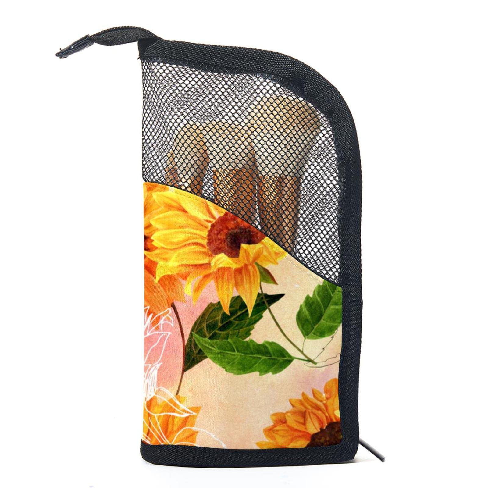 Vintage Leaves Sunflower Makeup Brush Organizer Bag with 12 Brush Holder - Portable Cosmetic Brush Case for Travel & Home Makeup Storage