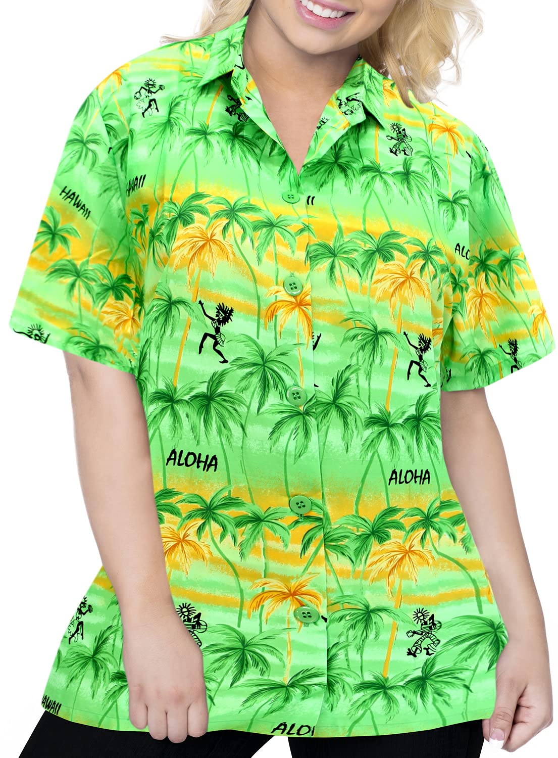 LA LEELA Women's Short Sleeve Hawaiian Blouse - Tropical Floral Print Beach Shirt for Summer Vacation, Pool Party & Casual Outfit