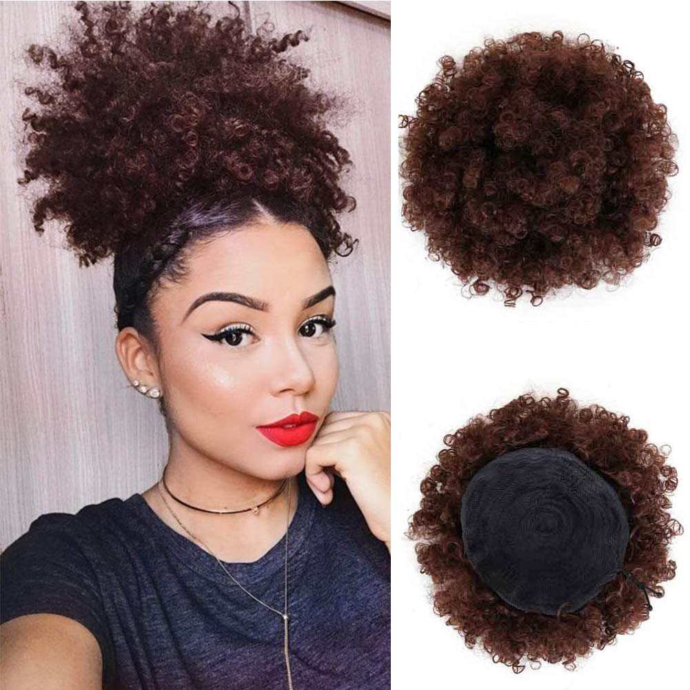 High Puff Afro Ponytail Hair Extension - Short Kinky Curly Synthetic Clip-in Ponytail with Drawstring | Fiber Puff Wrap Updo for Black Women | Perfect for Parties, Weddings & Everyday Wear (Light Brown)