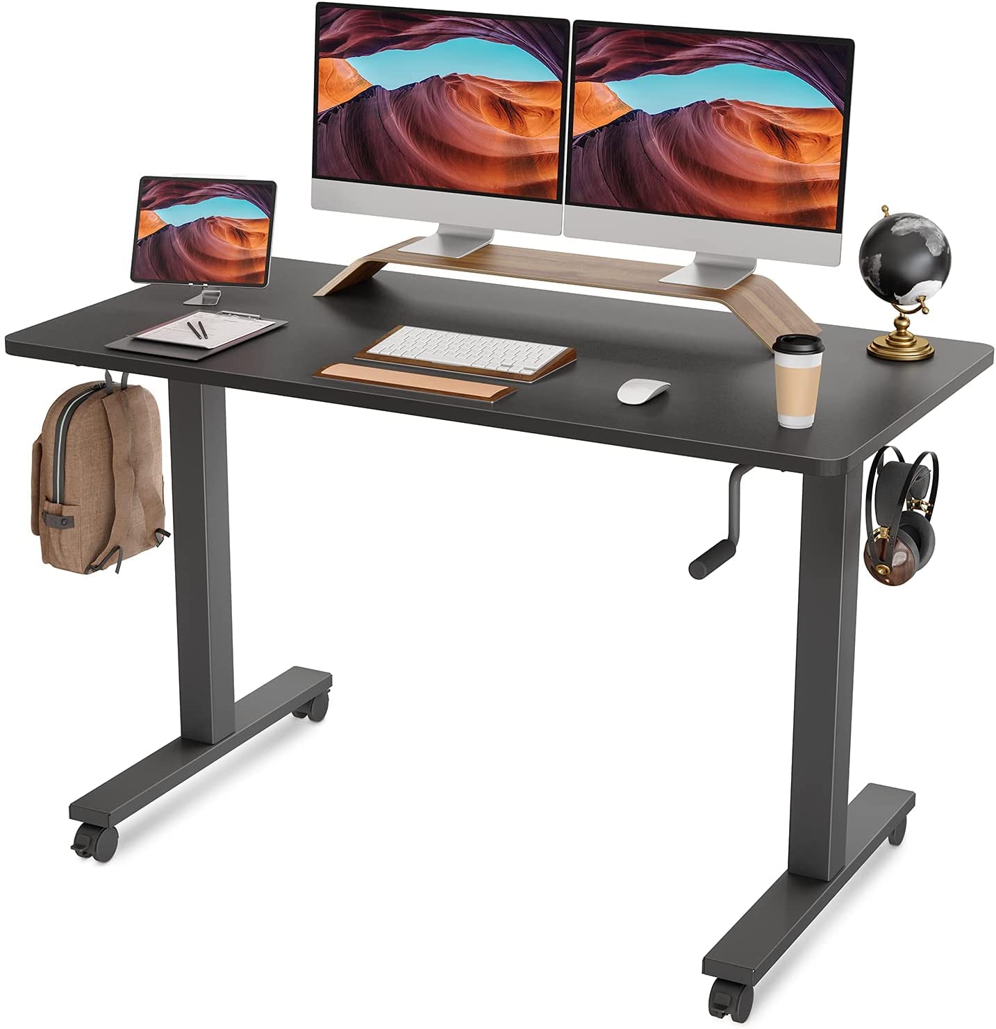 FEZIBO 55 x 24 Inches Manual Crank Adjustable Height Standing Desk - Sit Stand Home Office Desk with Black Top & Frame - Perfect for Small Spaces, Remote Work & Ergonomic Workspaces