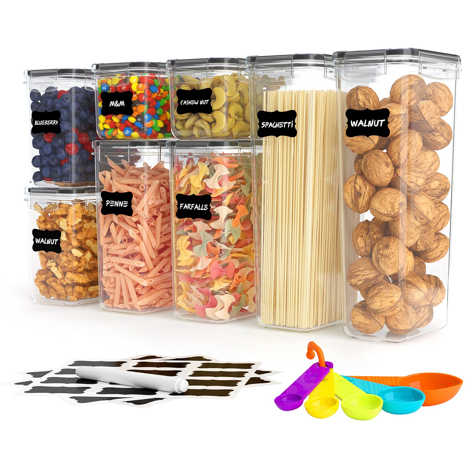 Airtight Food Storage Containers Set of 8 - BPA-Free Plastic Kitchen & Pantry Organization Containers for Spaghetti, Cereal, Flour, Sugar - Includes Labels & Measuring Spoons | Perfect for Meal Prep, Baking & Dry Food Storage